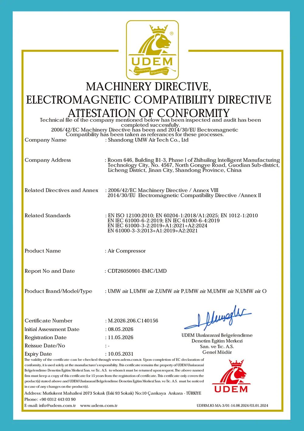 UMW Air Compressor CE Certificate